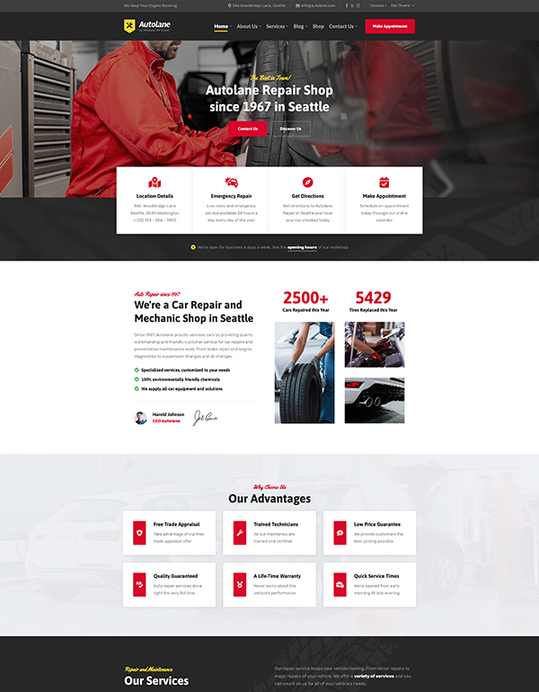 Website template for Auto Repair Shops Autolane WordPress theme homepage