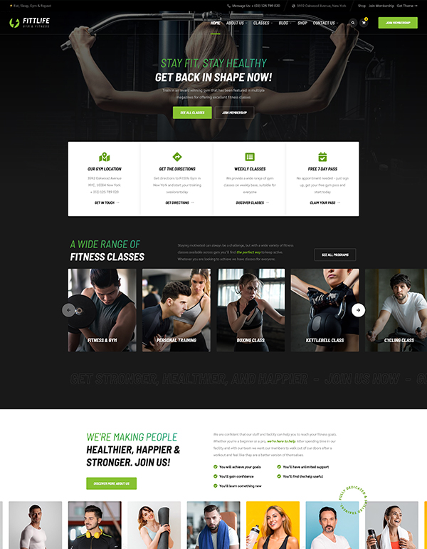 Website template for Gym and Fitness Fittlife WordPress theme homepage