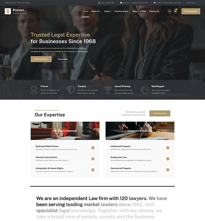 Website template for Law Firm Proven WordPress theme homepage