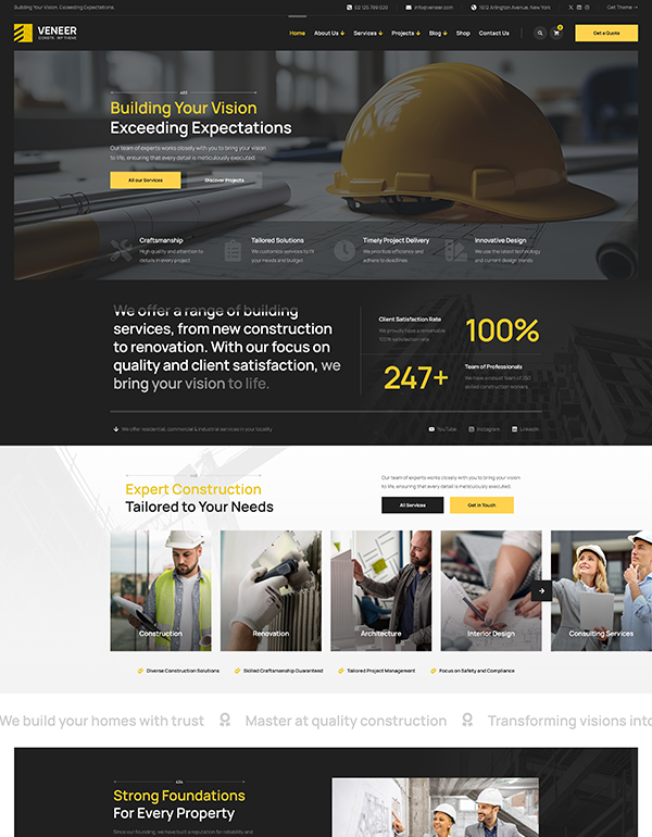 Website template for Construction Company Veneer WordPress theme homepage