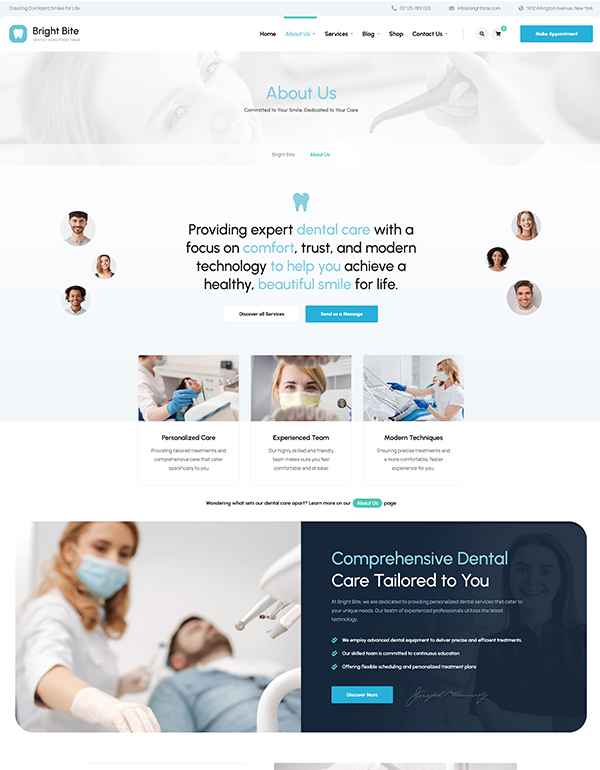 About page template for a dental clinic WordPress theme