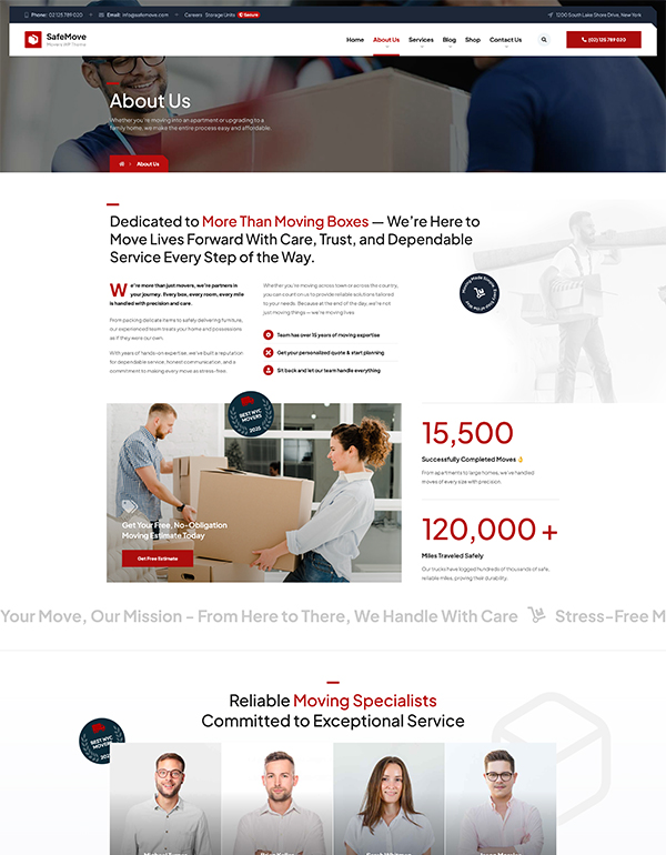 Moving company about us page template SafeMove