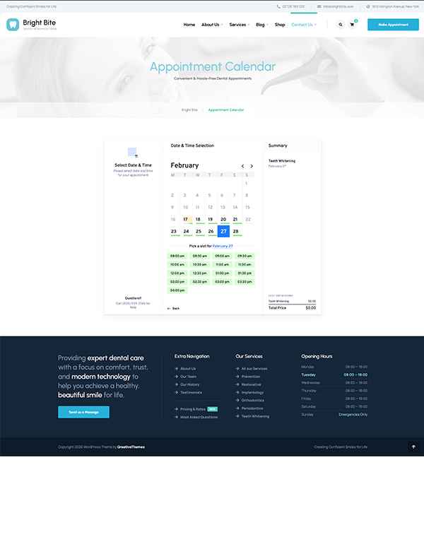 Online dental appointment booking page layout in WordPress theme