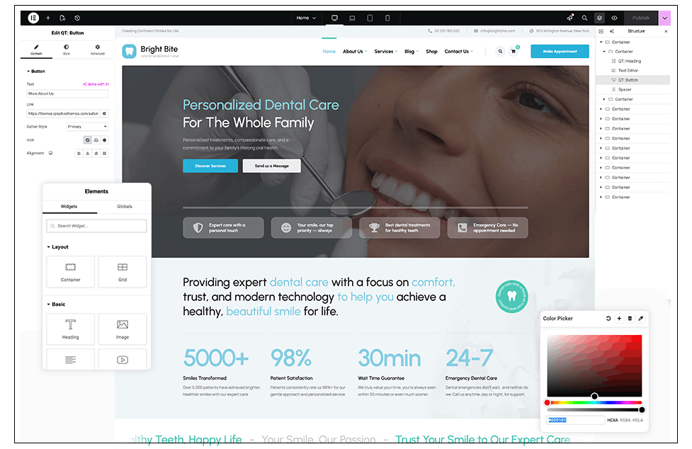 Elementor page builder editing a dental clinic website template