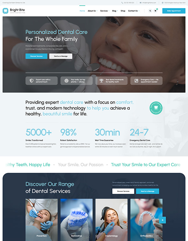 Website template for Dental Clinic Bright Bite WordPress theme homepage
