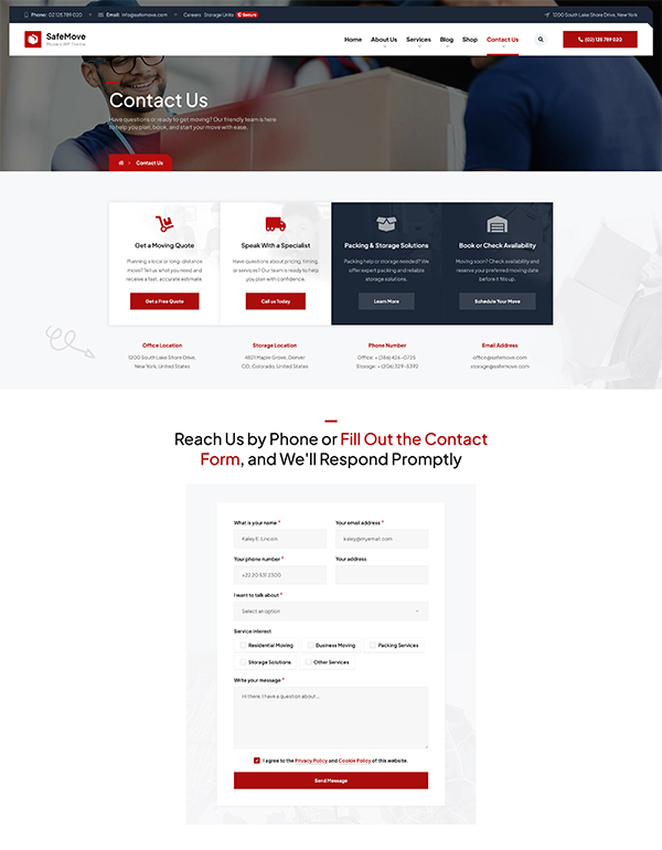 Moving company contact and quote form WordPress theme