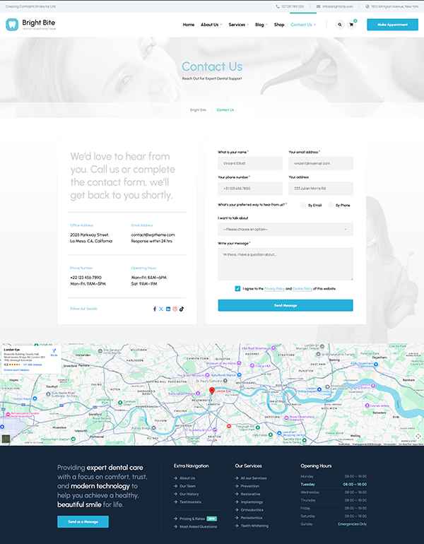 Contact page template for a dental clinic WordPress theme