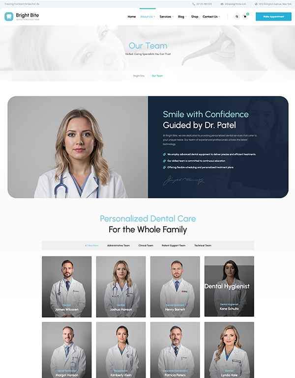 Our team page template for a dental clinic WordPress theme