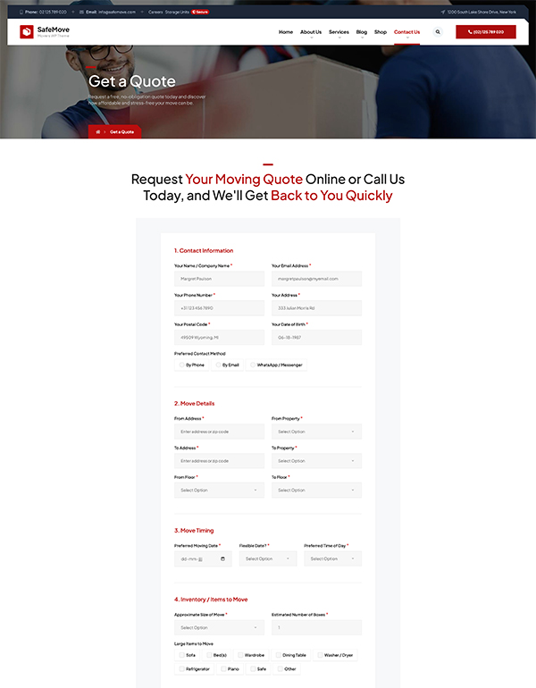 Moving company quote request form page SafeMove WordPress theme