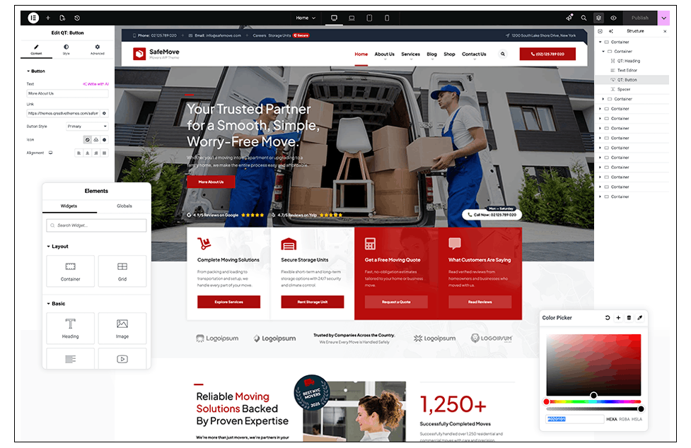 Elementor page builder editing a moving company website template