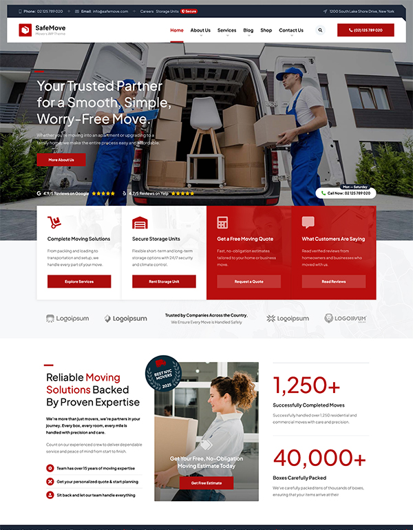 Moving company website template homepage SafeMove WordPress theme