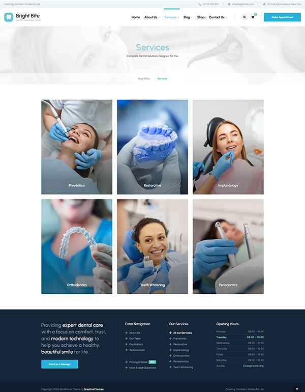Services page template for a dental clinic WordPress theme