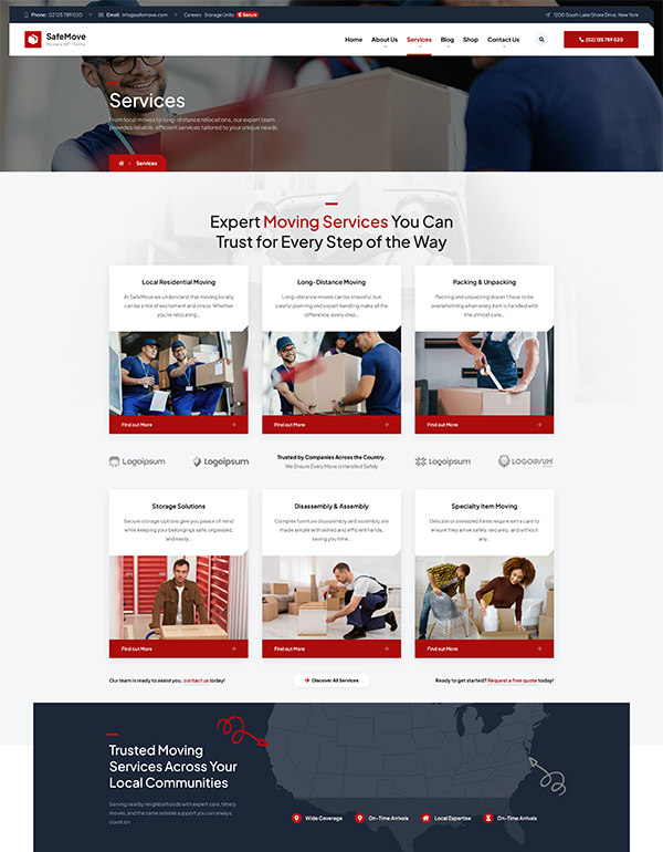 Local moving services page layout SafeMove WordPress theme