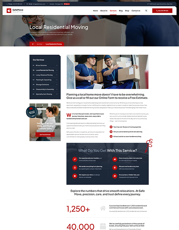 Local moving service detail page template SafeMove moving company WordPress theme