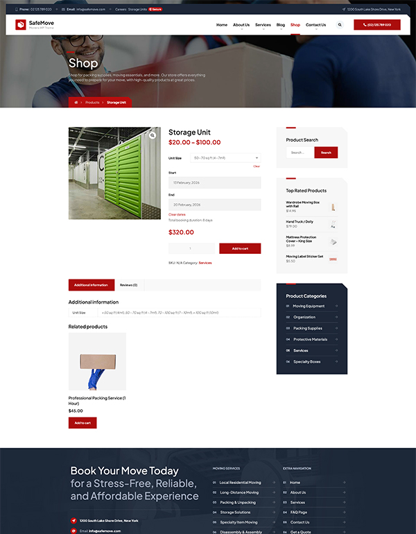 Rent storage unit page template SafeMove storage company WordPress theme