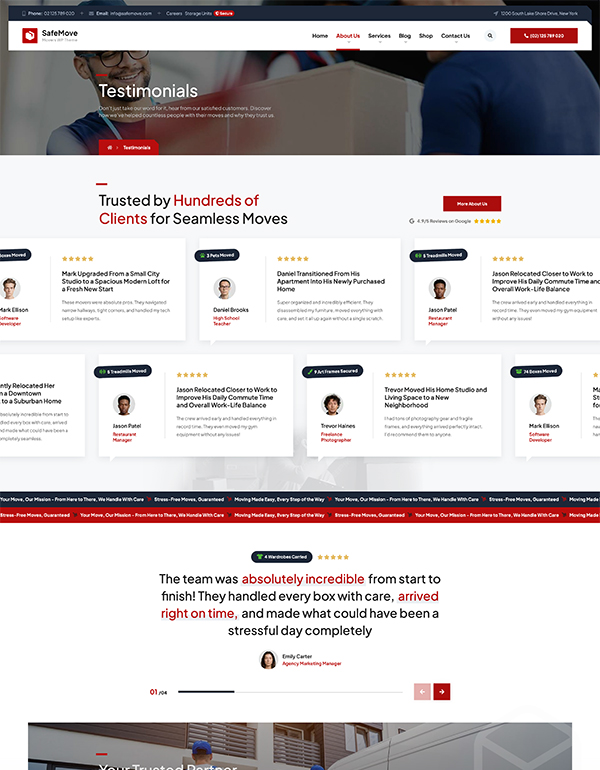 Customer testimonials section SafeMove moving company theme