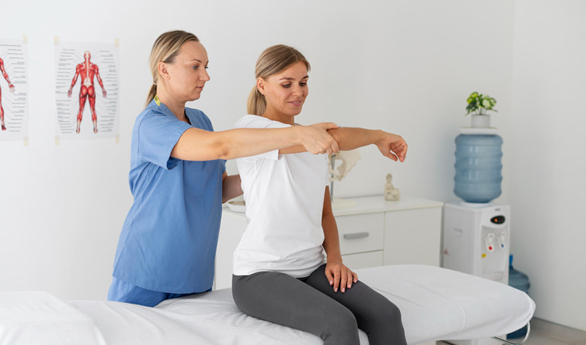 Physiotherapist treating a patient's shoulder in a physical therapy clinic