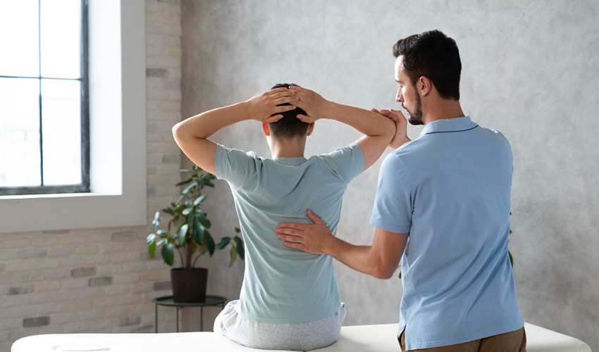 Physical therapist assisting a patient with neck stretching exercises