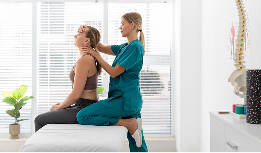 Physiotherapist treating a patient's neck in a physical therapy practice