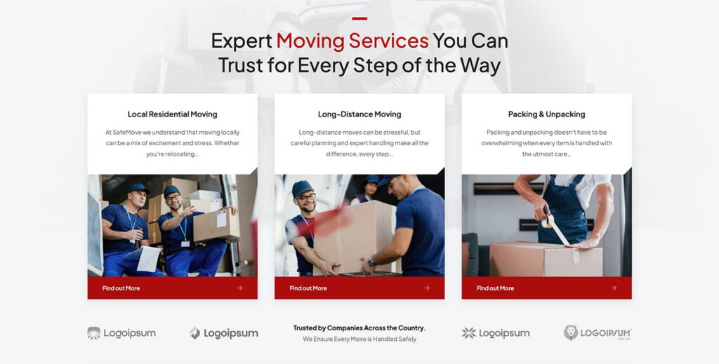Services Page Preview of SafeMove WordPress theme for Moving Companies
