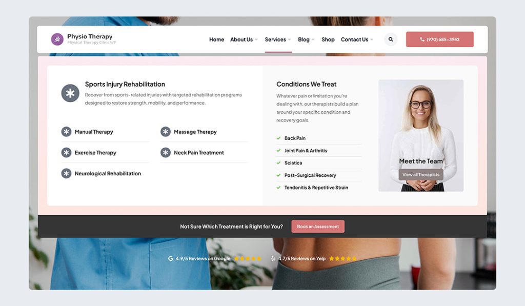 Mega Menu designed for a Physical Therapy Clinic, build with Qreative Header Footer Designer plugin for Elementor.