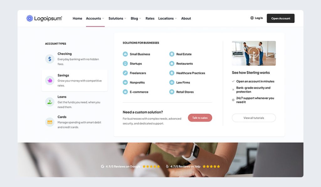 Mega Menu designed for a Fintech Company, build with Qreative Header Footer Designer plugin for Elementor.