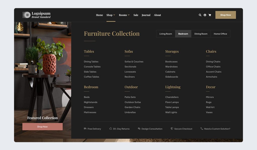 Mega Menu designed for a Furniture Shop, build with Qreative Header Footer Designer plugin for Elementor.