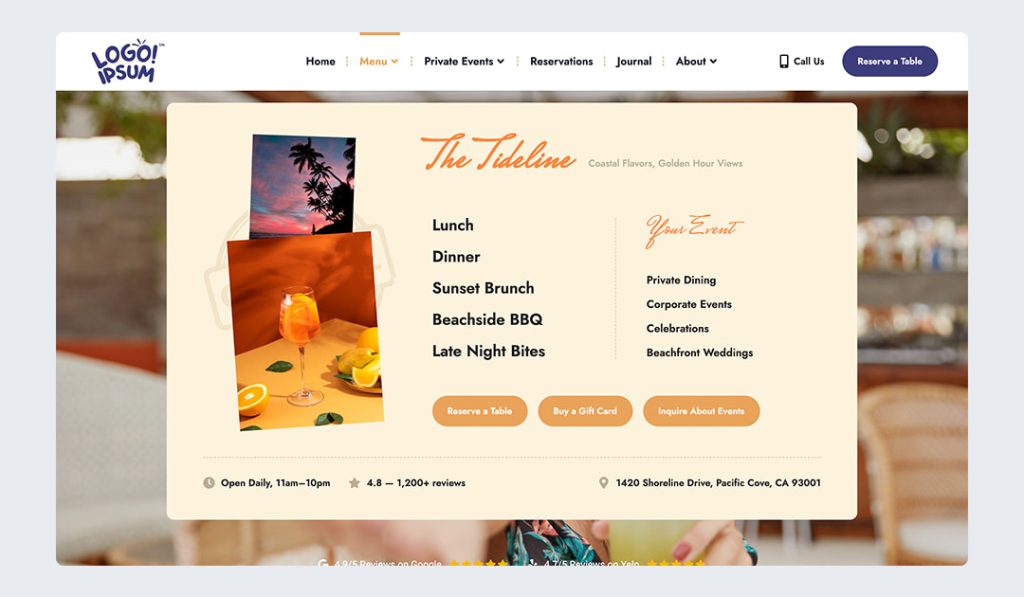 Mega Menu designed for a Beach Bar, build with Qreative Header Footer Designer plugin for Elementor.