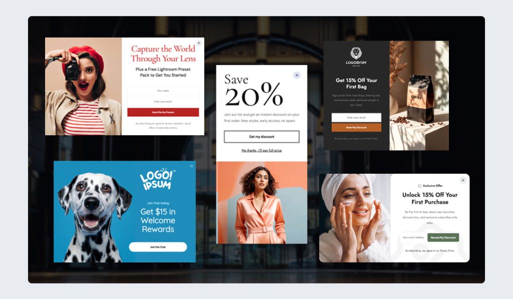 Different styled popups, all designed with Qreative Header Footer Pro plugin