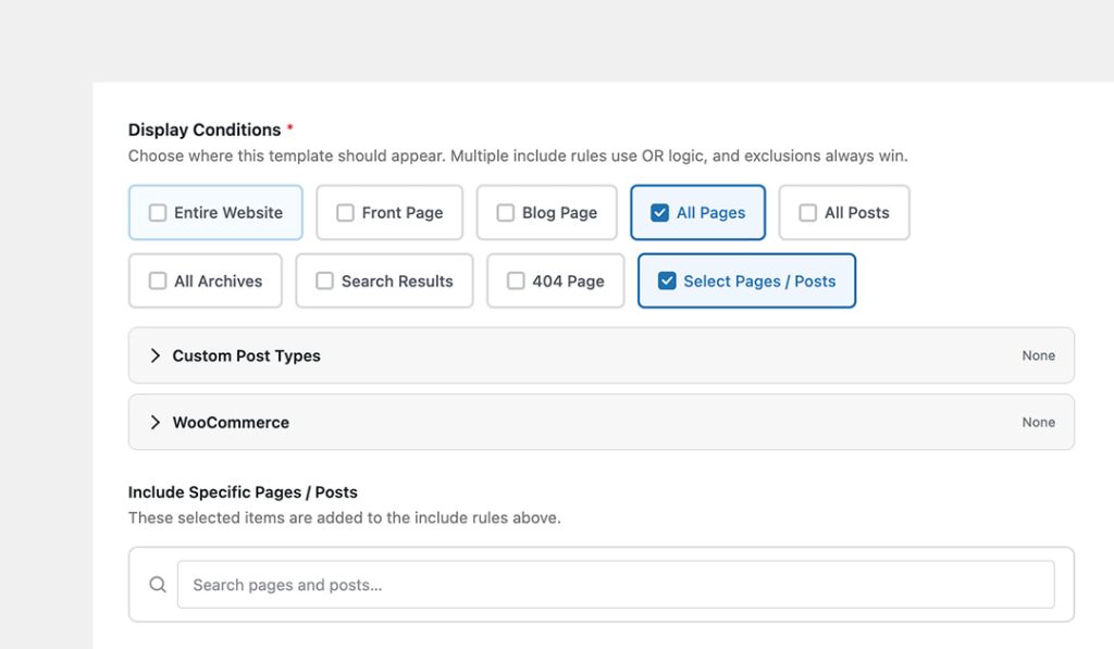 All display conditions options from the Qreative Header Footer Designer Pro plugin for Elementor