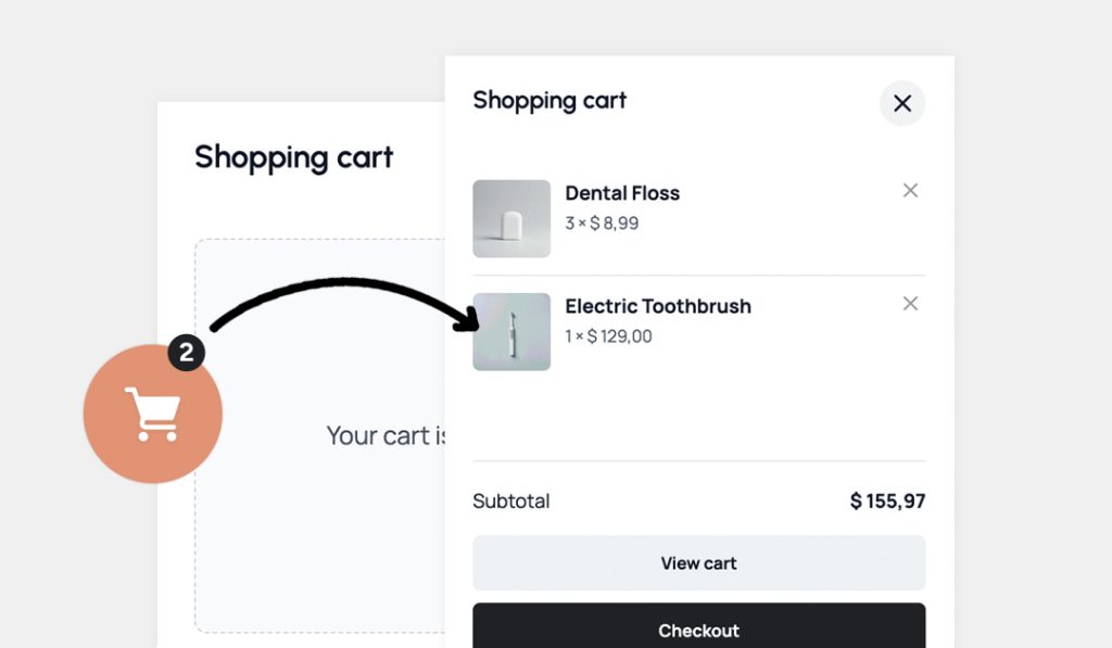 WooCommerce cart icon that trigger a cart slide-out panel. One of the features of the Qreative Header Footer Designer Pro plugin